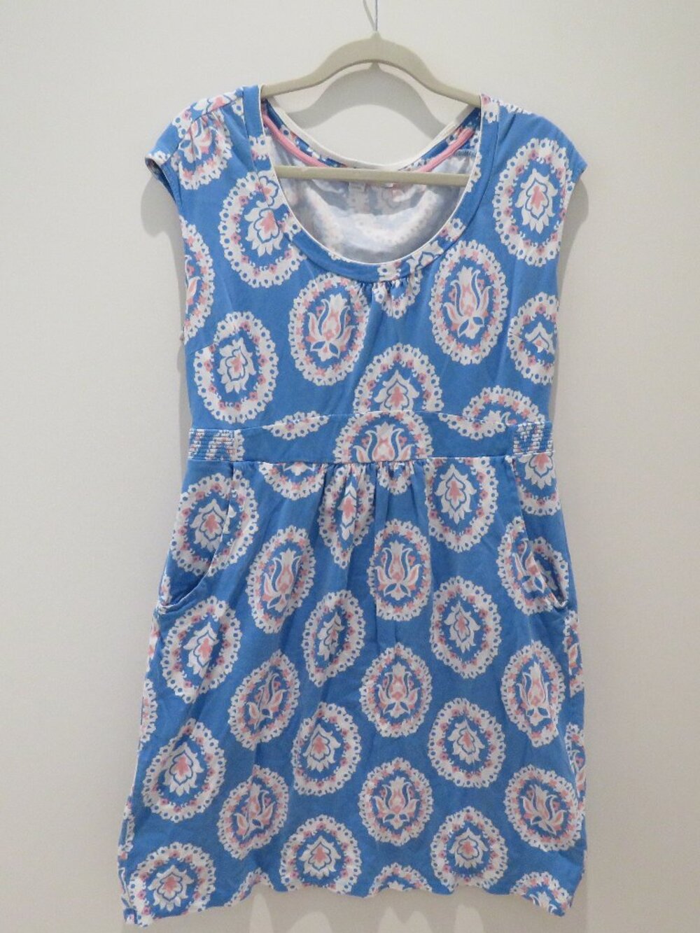 BODEN Weekend Jersey Dress Bright Cyan Woodblock Floral Size 12 Preppy Stretch - Picture 2 of 10